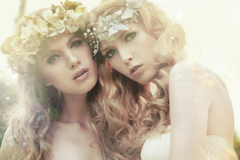 Two Women with Flower Crowns — White, Ethereal