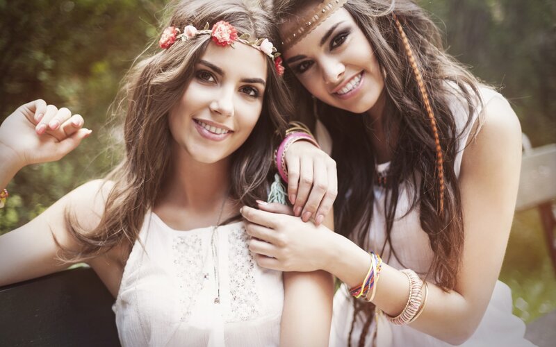 Two Women with Flower Crowns — White, Friendly