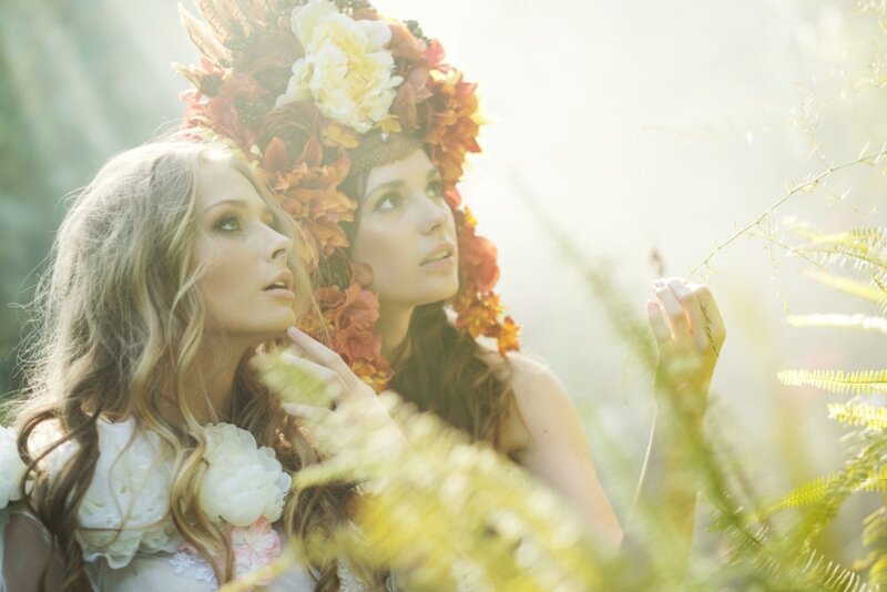 Two Women with Flower Crowns — White, Serene, Afternoon, Photograph