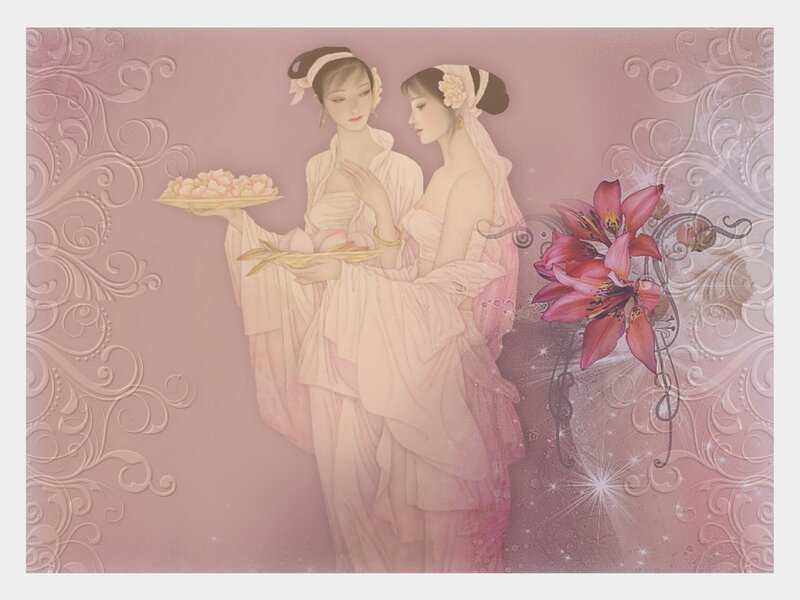 Two women with flowers and lilies