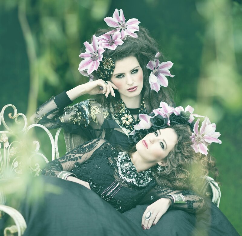Two Women with Flowers — Black, Dramatic
