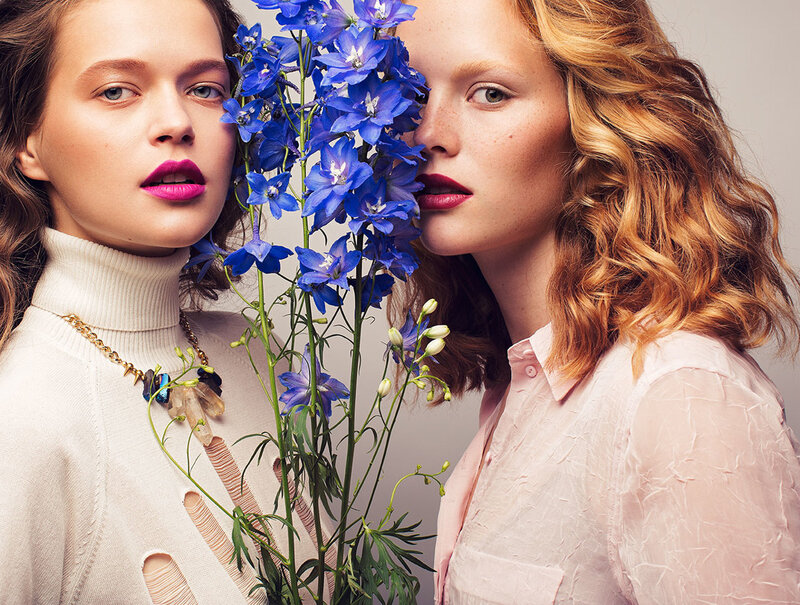 Two Women with Flowers — Blue, Calm