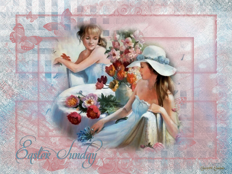 Two Women with Flowers — Blue, Serene