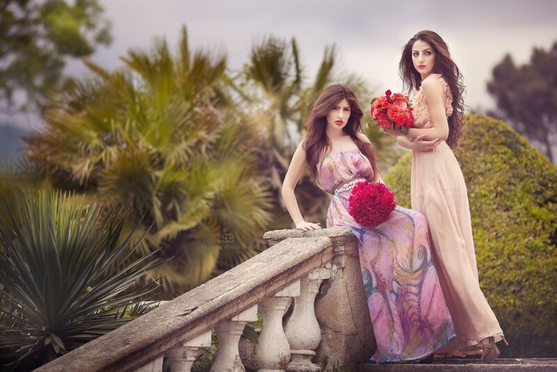 Two Women with Flowers — Pink, Dramatic