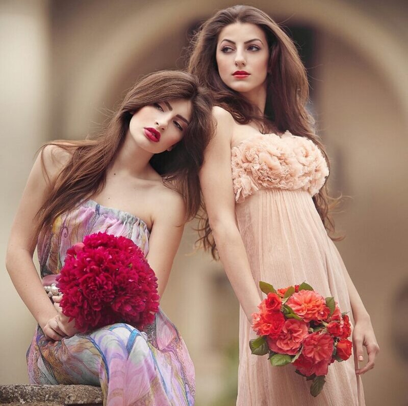 Two Women with Flowers — Pink, Serene