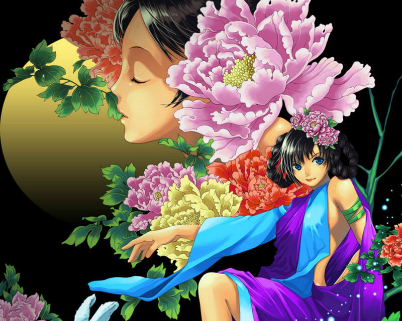 Two Women with Flowers — Purple, Serene