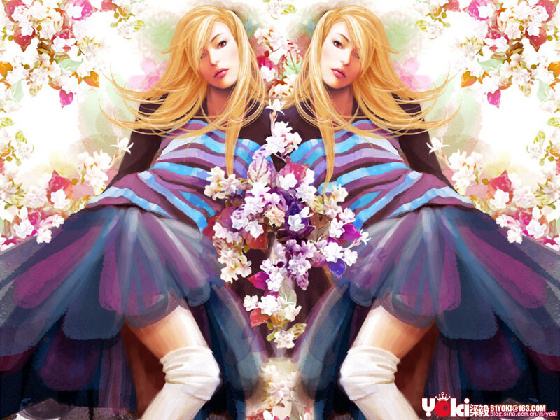 Two Women with Flowers — Purple
