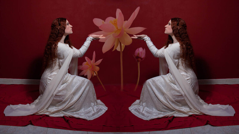 Two Women with Flowers — Red, Serene