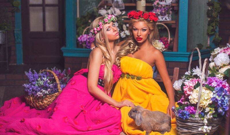 Two Women with Flowers — Yellow, Festive