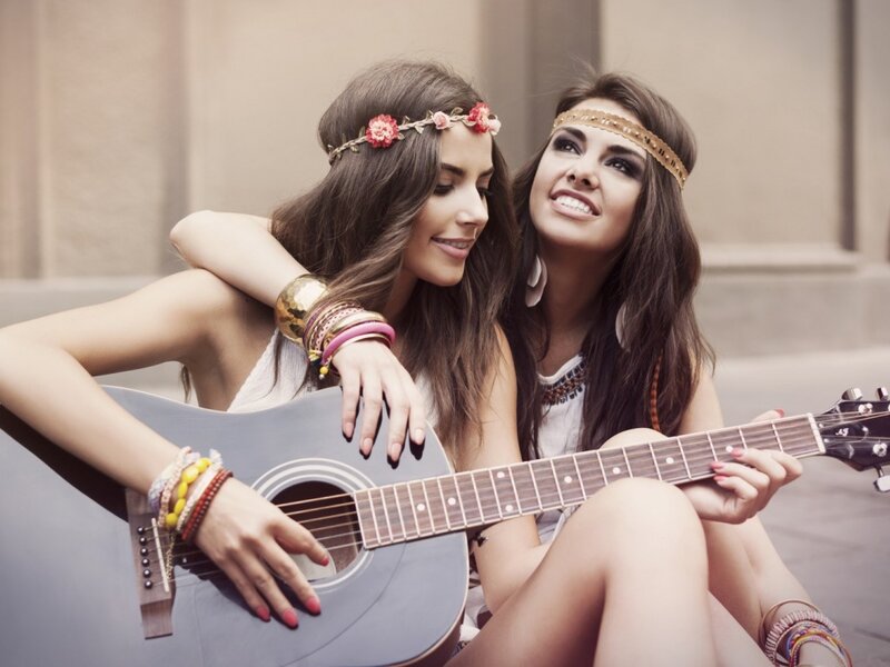 Two Women with Guitar — Brown, Happy