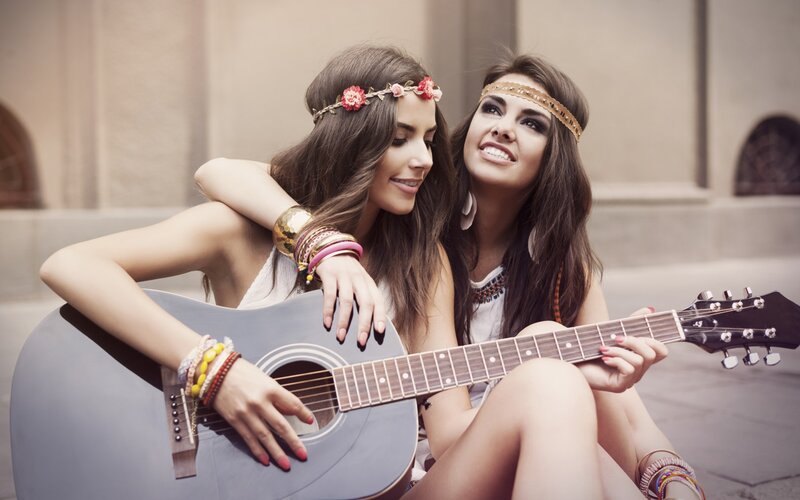 Two Women with Guitar — Brown
