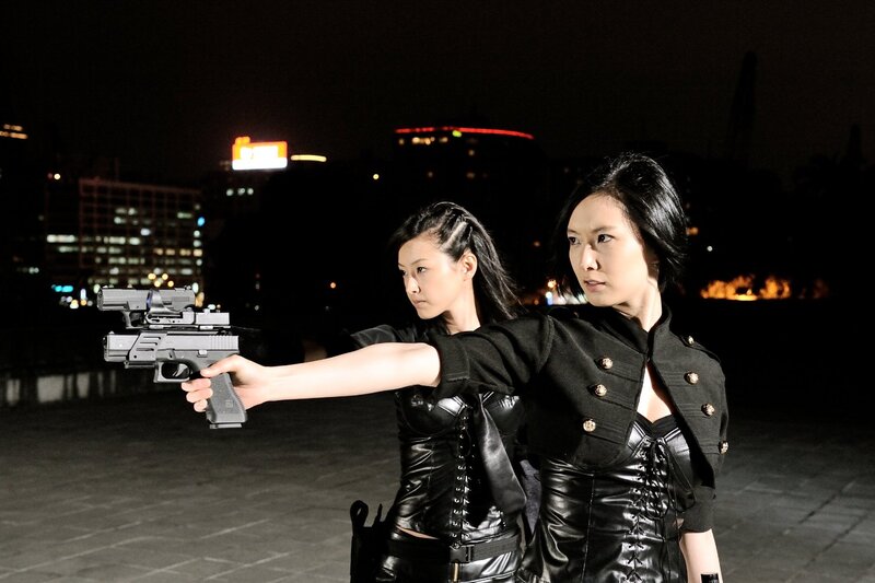 Two Women with Guns — Black, Dramatic, Night, Photograph