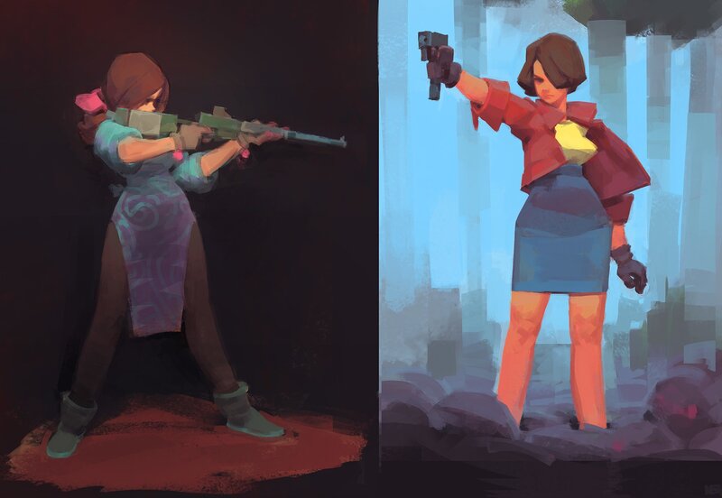 Two Women with Guns — Blue, Dramatic, Digital Art
