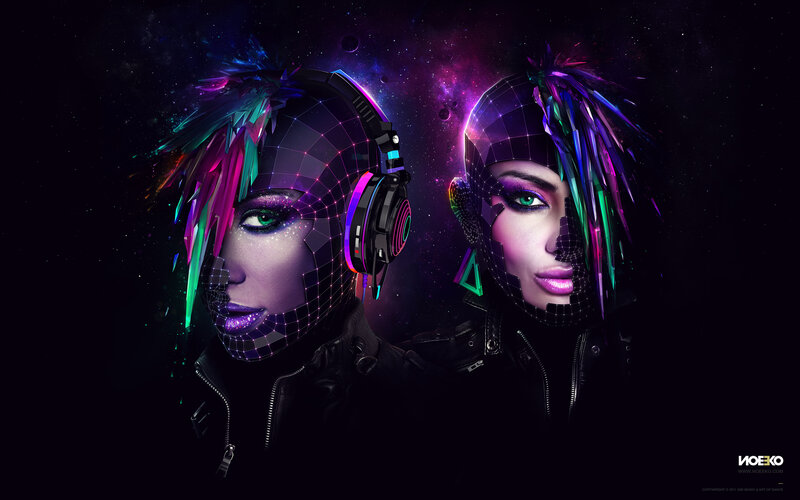 Two Women with Headphones — Purple