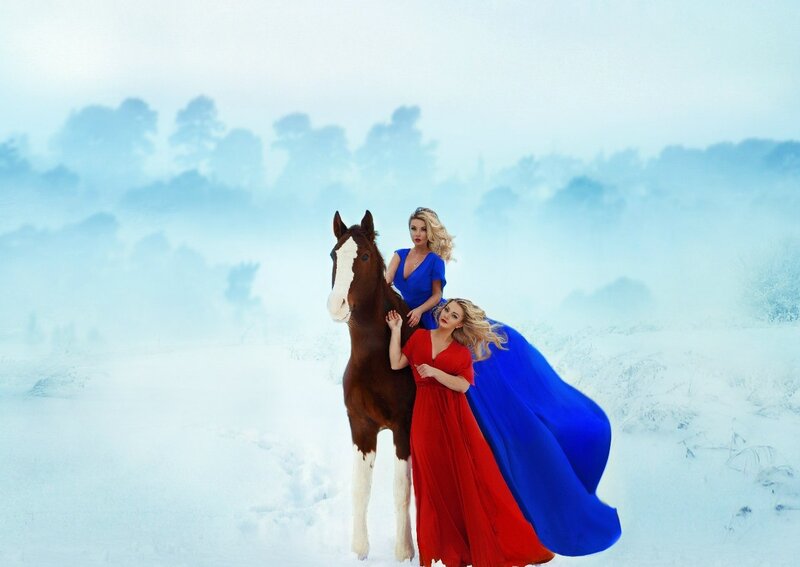 Two Women with Horse — Red, Dramatic