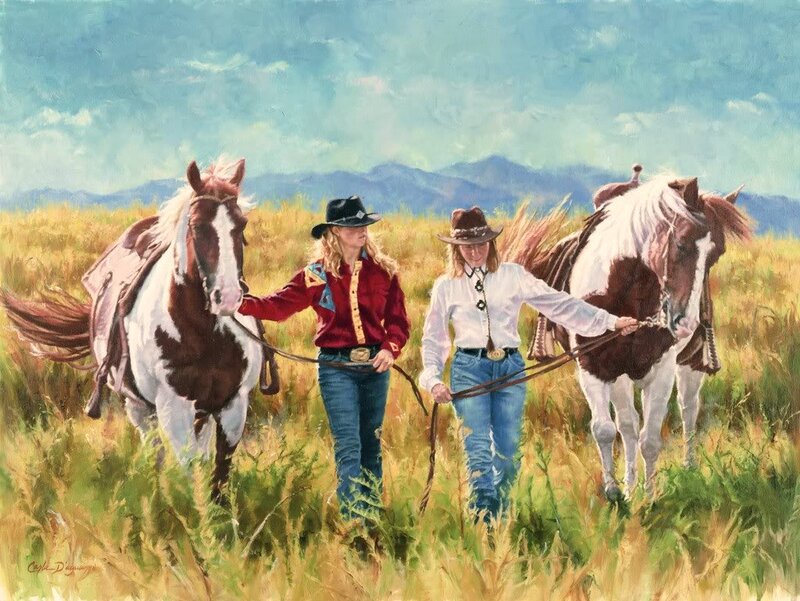 Two Women with Horses — Green