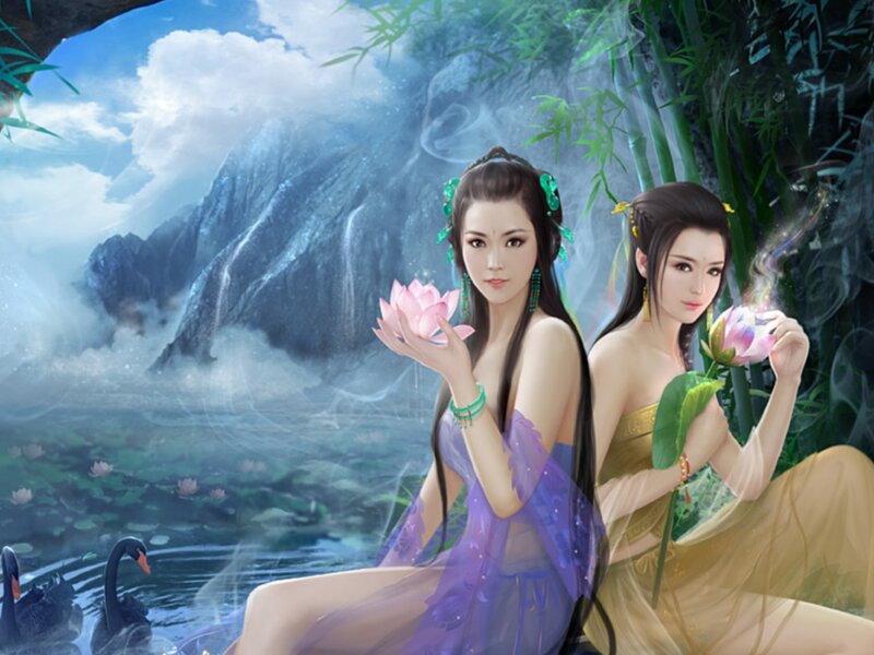 Two Women with Lotus Flowers