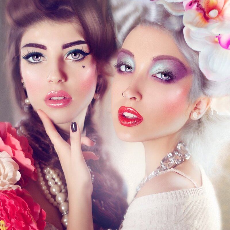 Two Women with Makeup — White, Dramatic