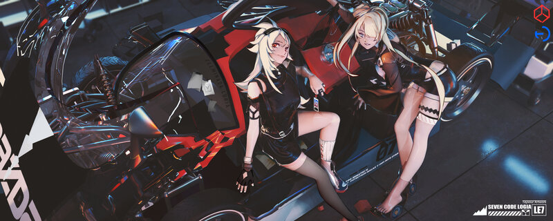 Two Women with Motorcycles — Black, Dramatic