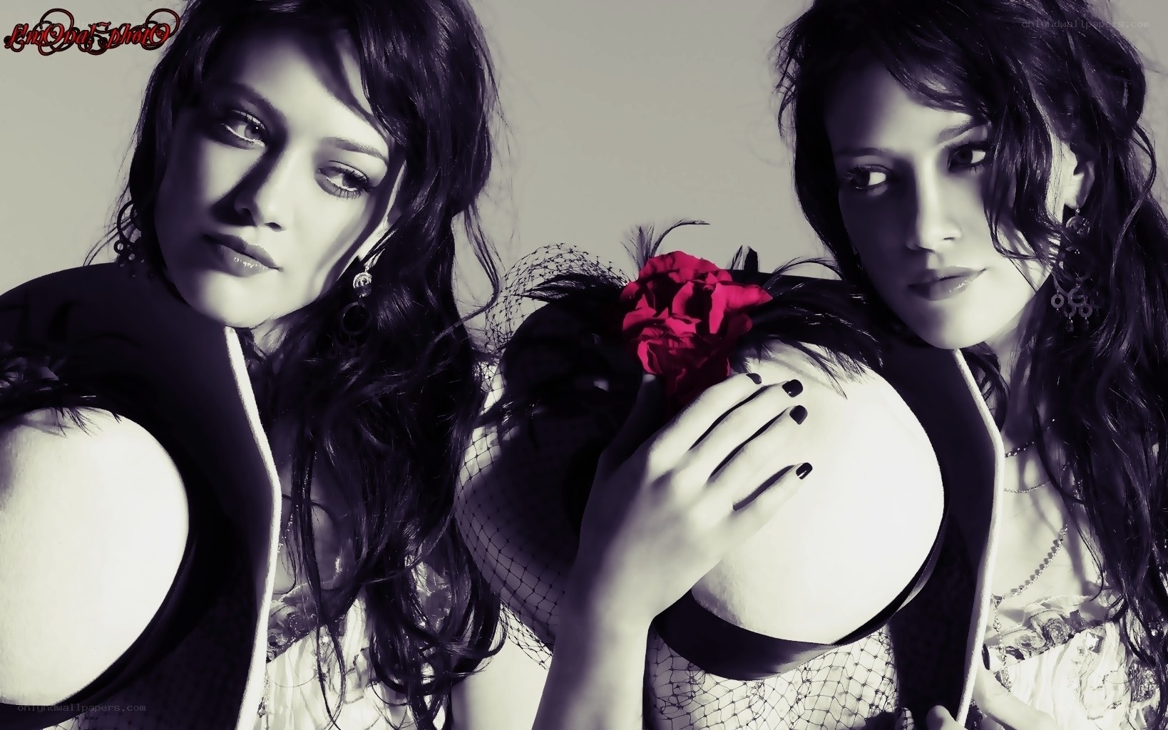 two women with red flower