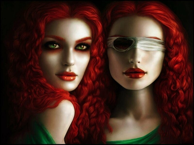 Two Women with Red Hair — Dramatic, Digital Art, Green Eyes, Blindfold