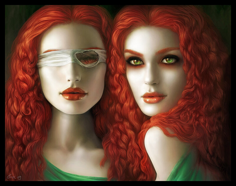 Two Women with Red Hair — Dramatic, Digital Art, Green Eyes