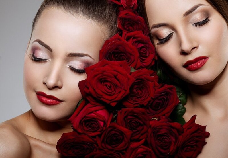 Two Women with Roses — Red, Serene