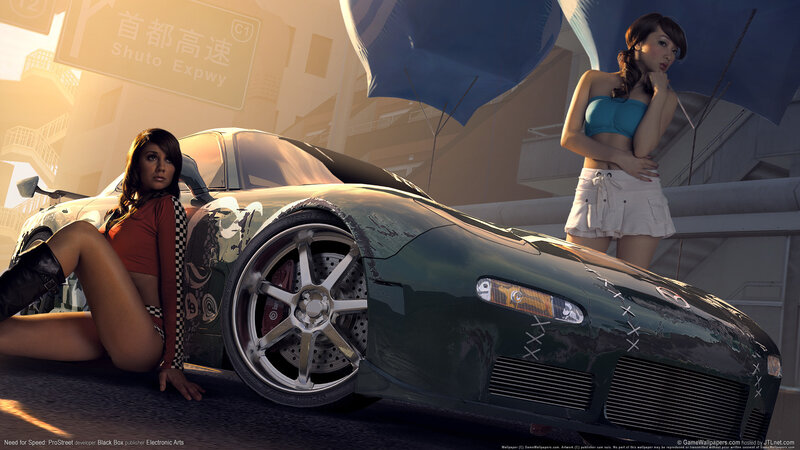 Two Women with Sports Car — Green, Dramatic, Sunset, Digital Art, Sports Car