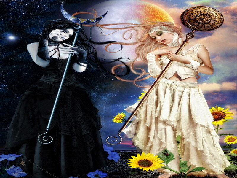 Two women with staffs in fantasy scene