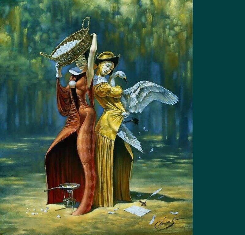 Two Women with Swan