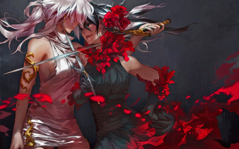 Two Women with Swords — Black, Dramatic, Digital Art, Red Flowers