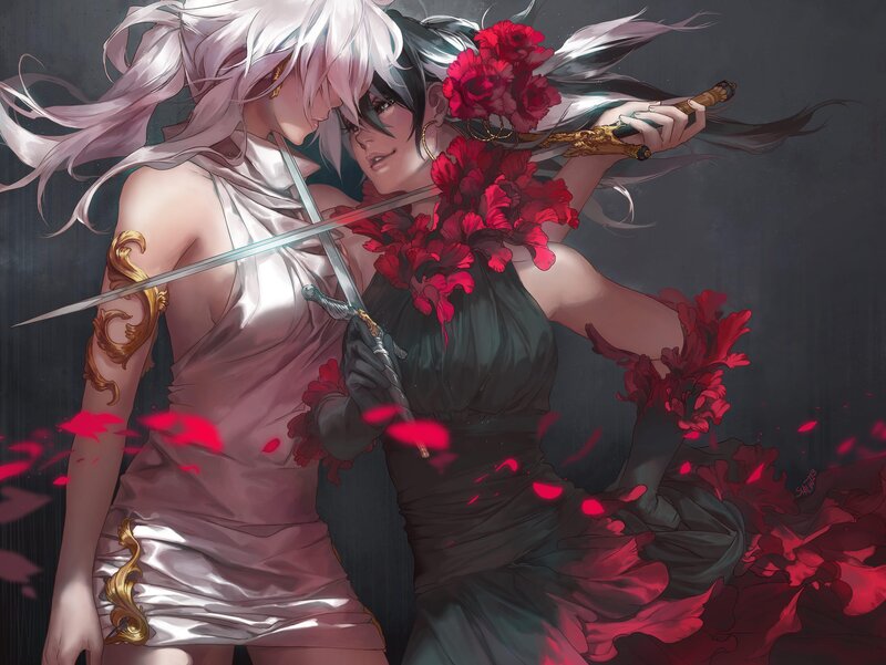 Two Women with Swords — Black, Dramatic, Digital Art