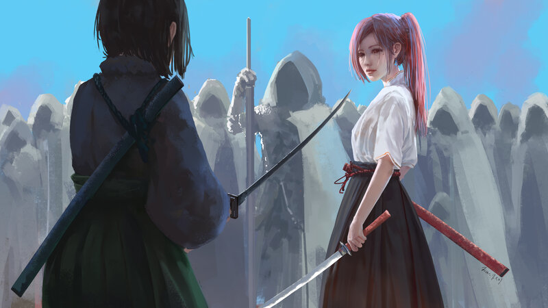 Two Women with Swords — Blue, Dramatic, Afternoon