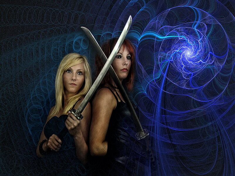 Two Women with Swords — Blue, Dramatic, Digital Art