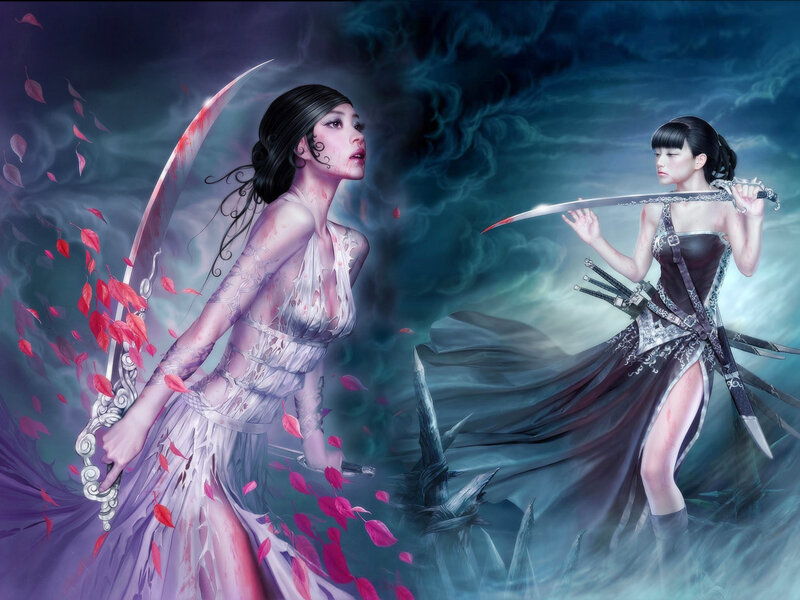 Two Women with Swords — Blue, Dramatic, Night