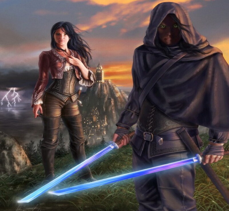 Two Women with Swords — Blue