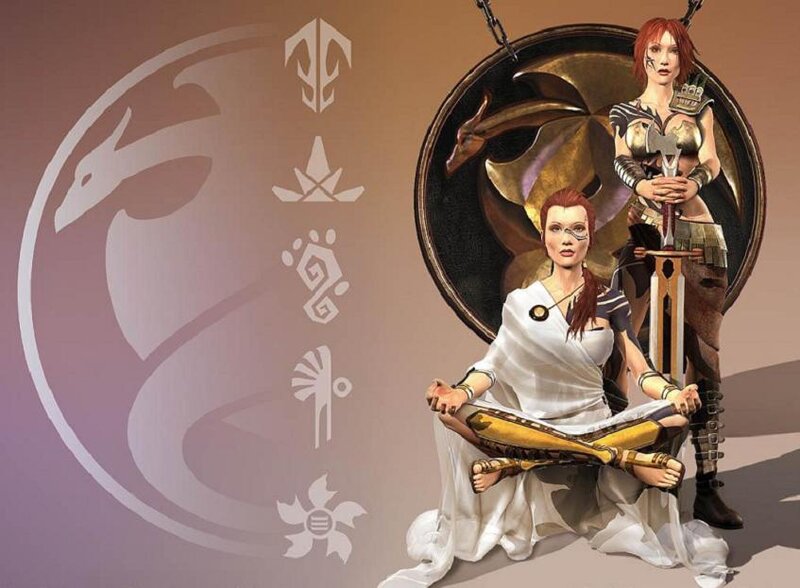 Two Women with Swords — Brown, Dramatic, Digital Art