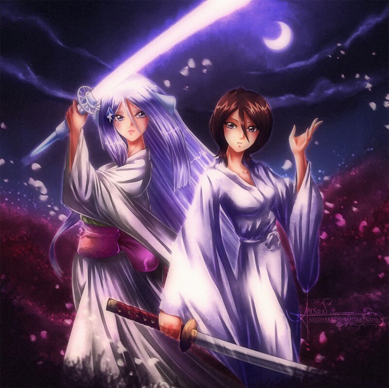 Two Women with Swords — Purple, Dramatic, Night