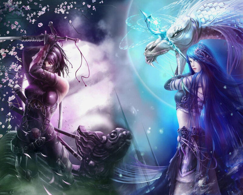 Two Women with Swords — Purple