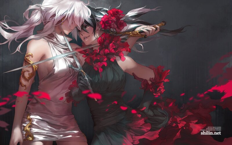 Two Women with Swords — Red, Dramatic