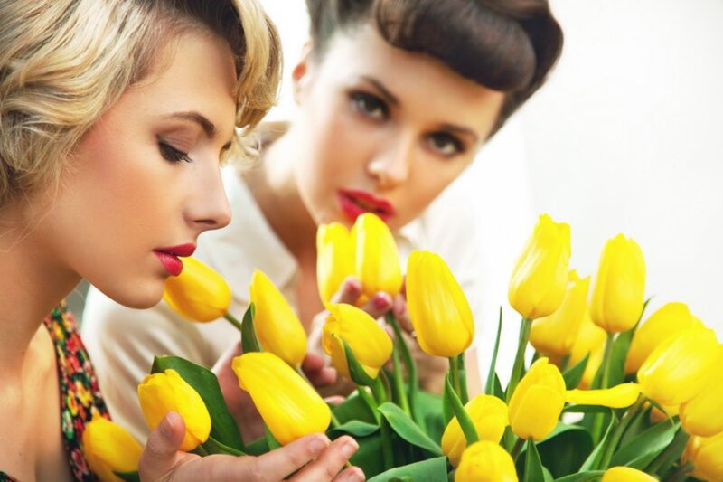 Two Women with Tulips — Yellow
