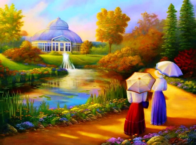 Two Women with Umbrellas — Blue