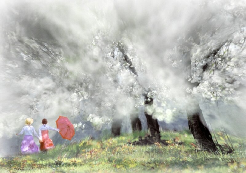 Two Women with Umbrellas — White