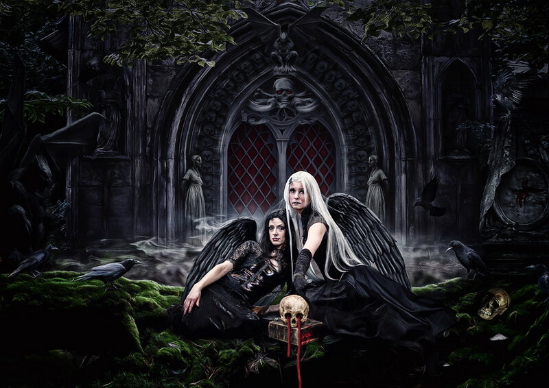 Two Women with Wings — Black, Dark