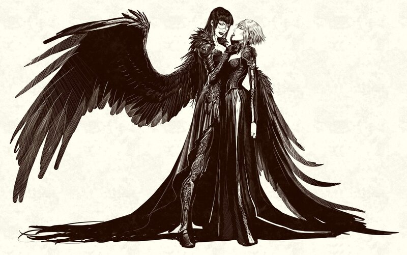 Two Women with Wings — Black, Dramatic