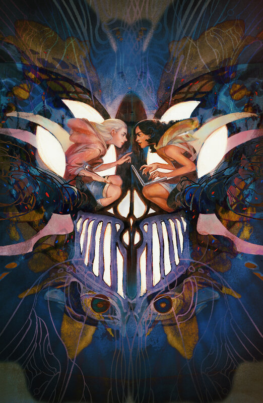 Two Women with Wings — Blue, Dramatic, Digital Art