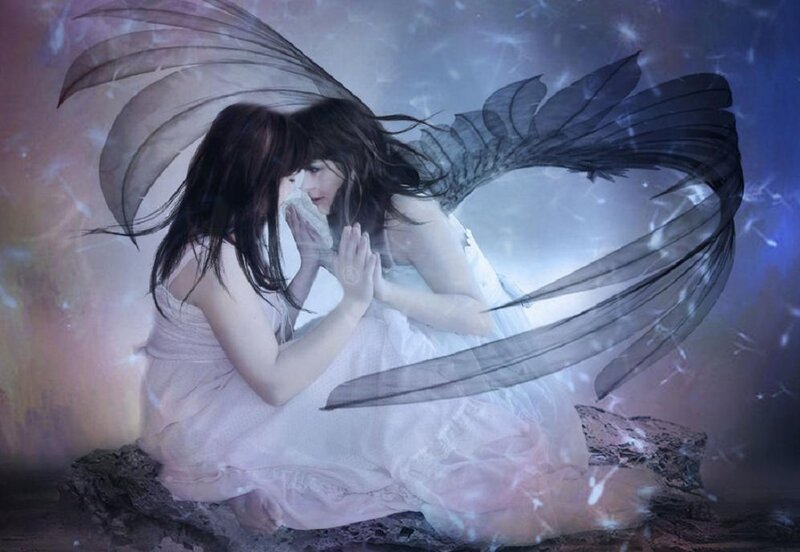 Two Women with Wings — White, Dramatic