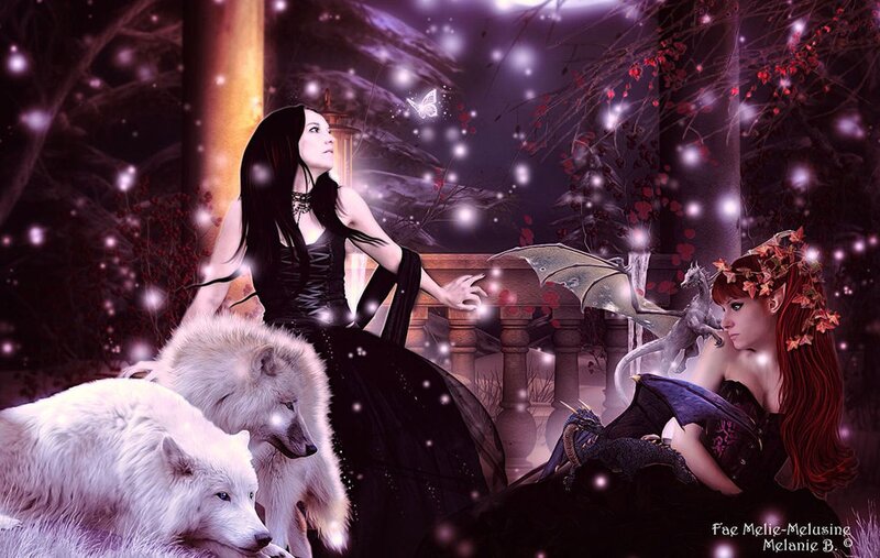 Two Women with Wolves — Purple