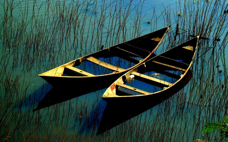 Two Wooden Boats — Blue, Serene