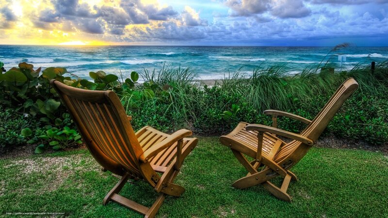 Two Wooden Chairs — Green, Serene, Sunset, Photograph, Ocean, Grass